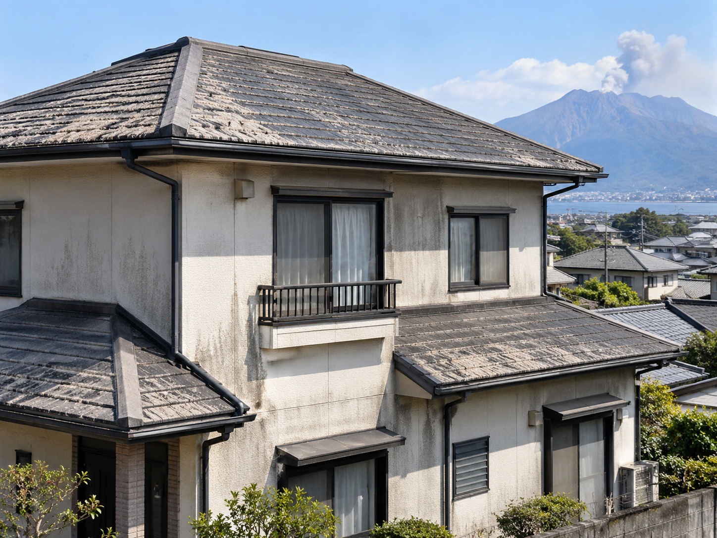 鹿児島の住宅で火山灰や汚れが付着した屋根と外壁の様子
