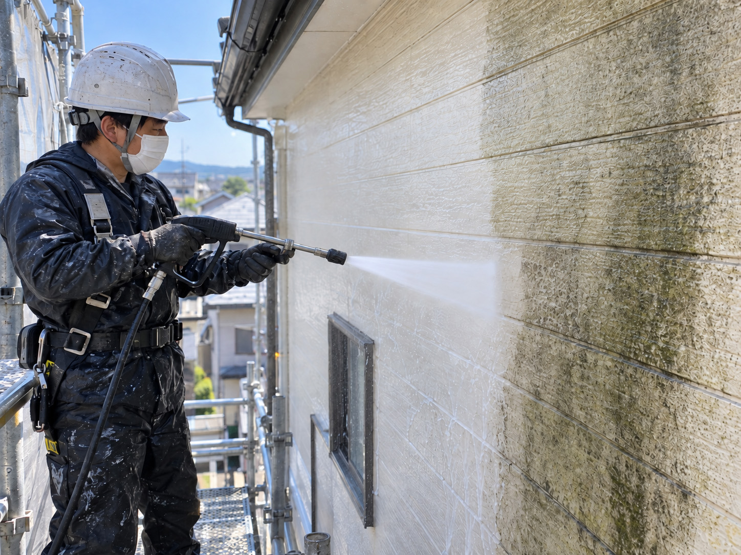 鹿児島市の戸建住宅で外壁塗装前に高圧洗浄を行っている様子