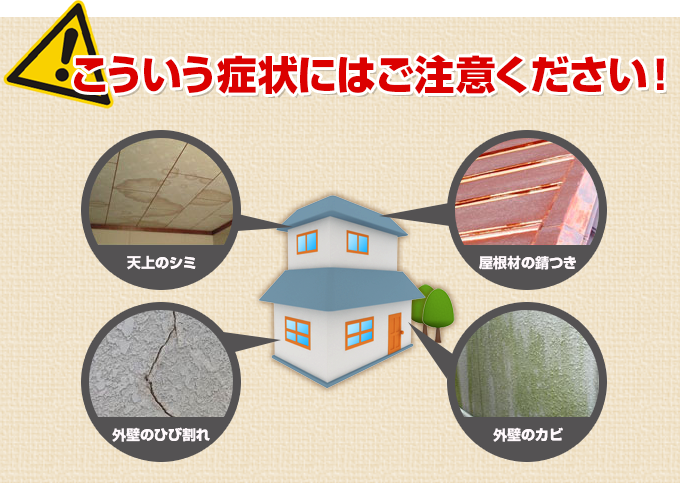 こういう症状にはご注意ください！ 天上のシミ 屋根材の錆つき 外壁のひび割れ 外壁のカビ